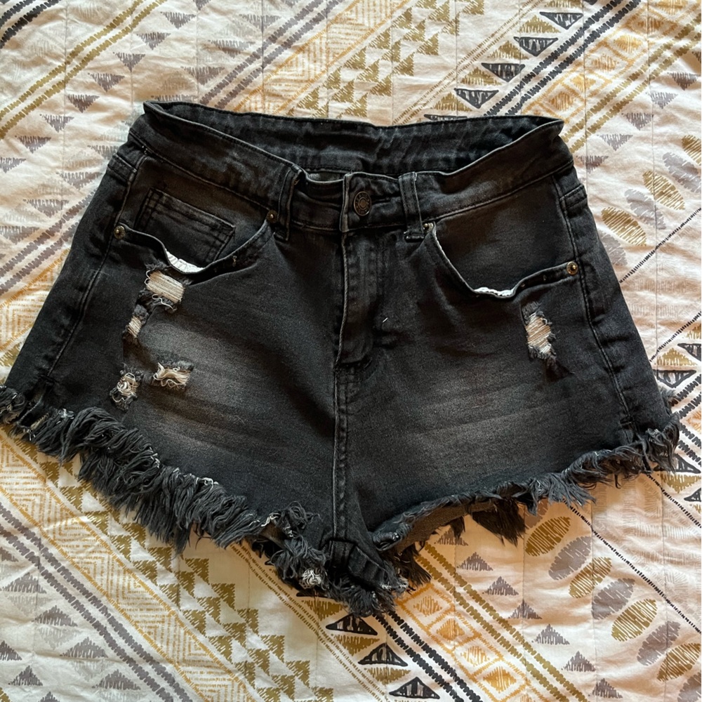 Distressed Black Denim Shorts